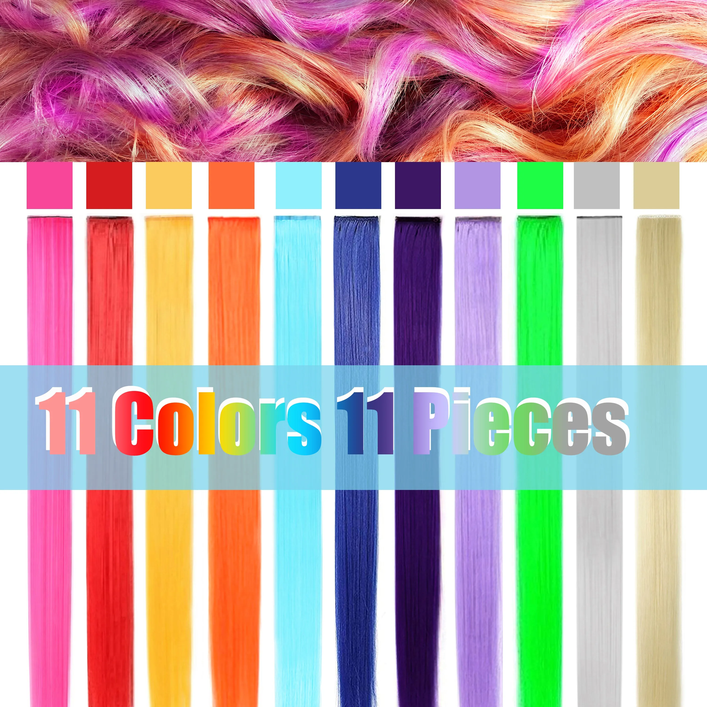 11 Pieces Multi-Color 21 Inches Straight Party Highlights Clip In Synthetic Hair Extensions