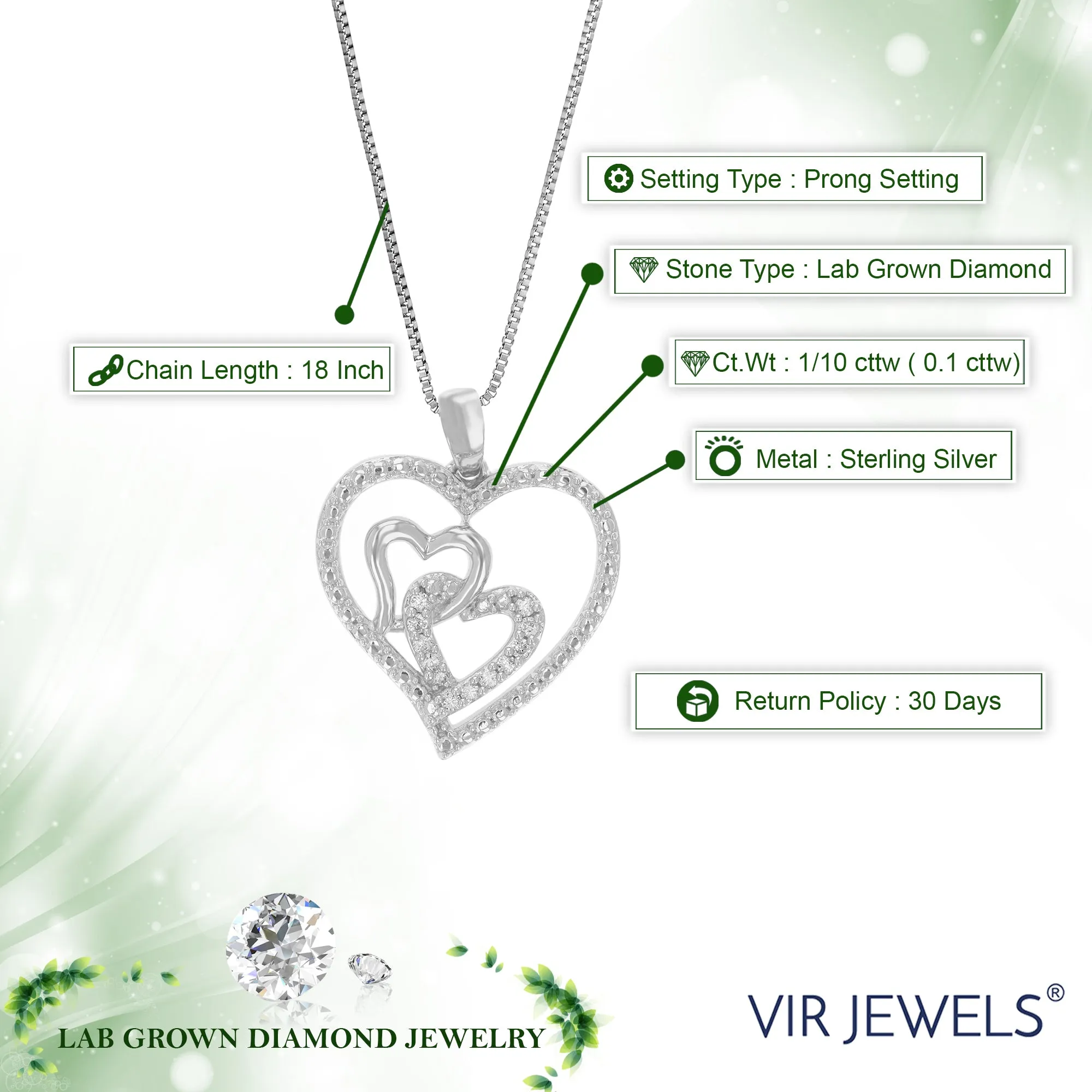 1/10 cttw Lab Grown Diamond Three Heart Pendant in Sterling Silver