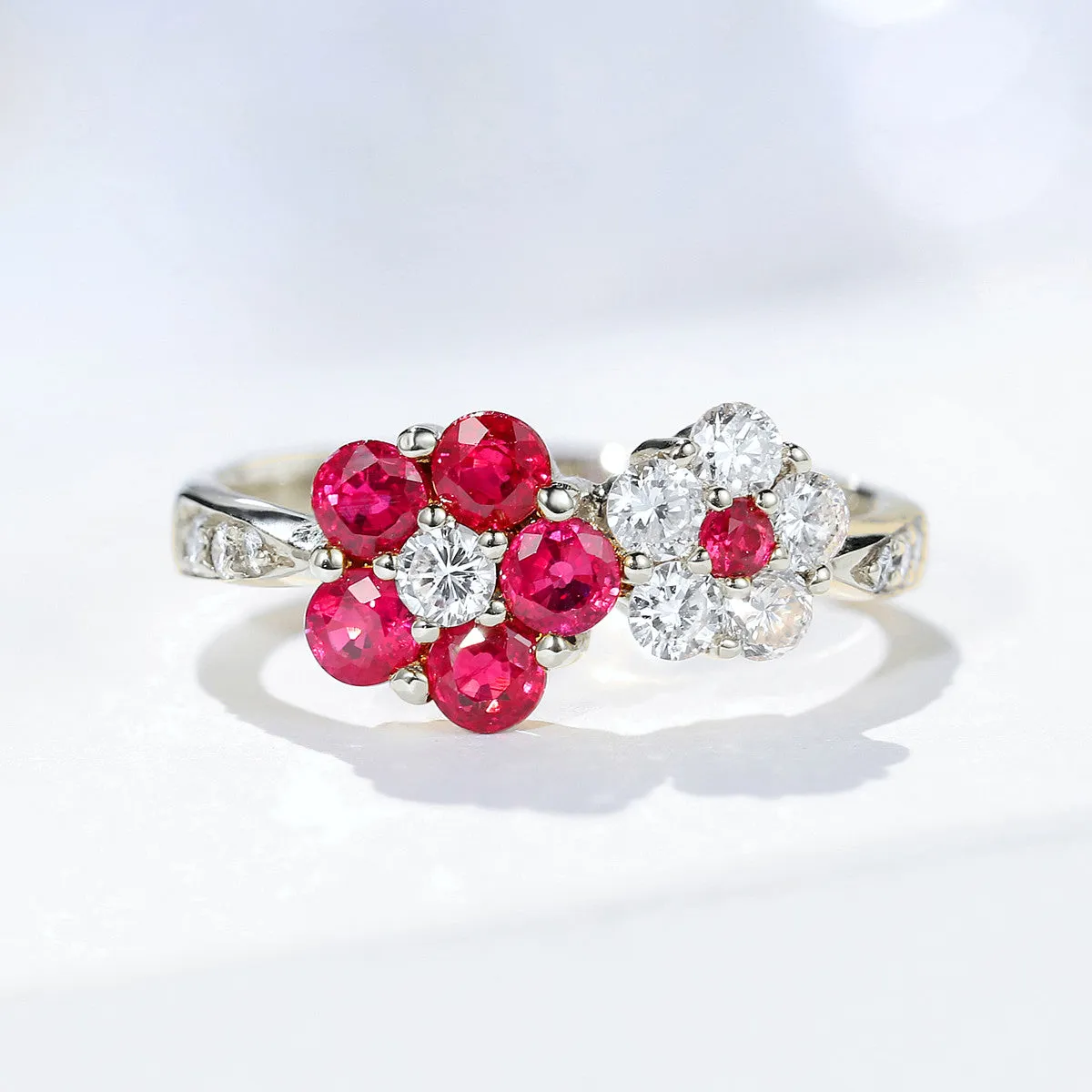1.10CTW Diamond and Ruby Double Flowers Ring