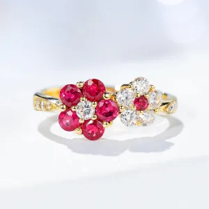 1.10CTW Diamond and Ruby Double Flowers Ring