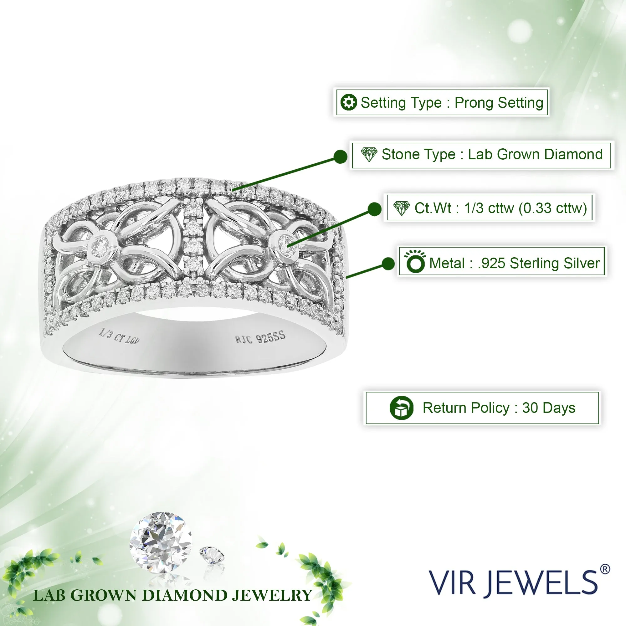 1/3 cttw Lab Grown Diamond Clover Lace Wedding Band in Silver