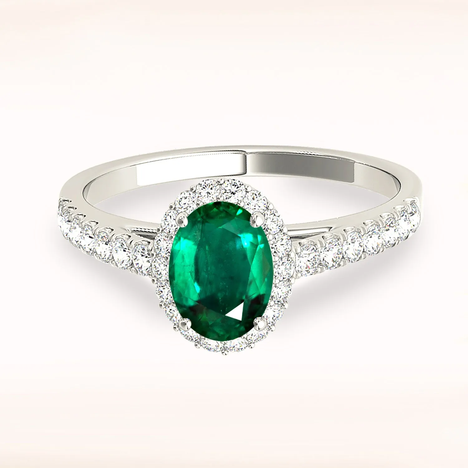 1.30 ct. Genuine Oval Emerald With Halo And Thin Diamond Band