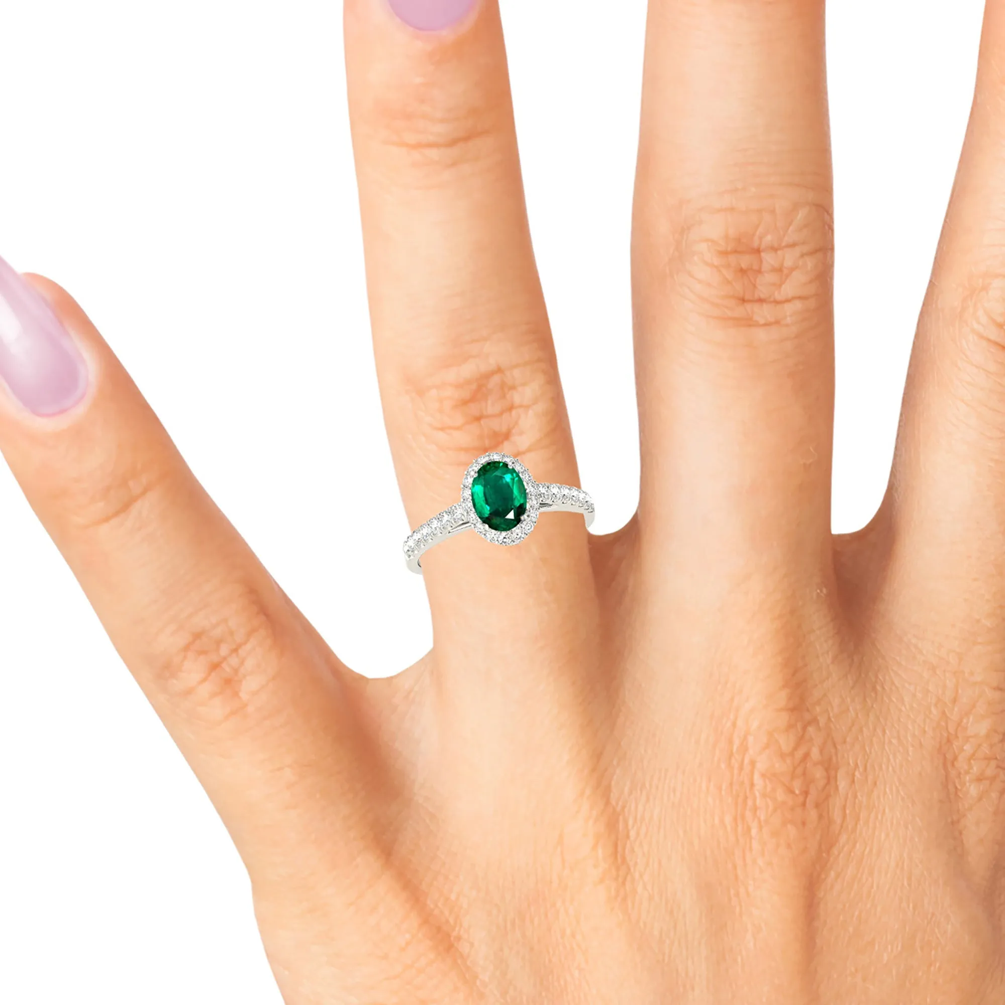 1.30 ct. Genuine Oval Emerald With Halo And Thin Diamond Band
