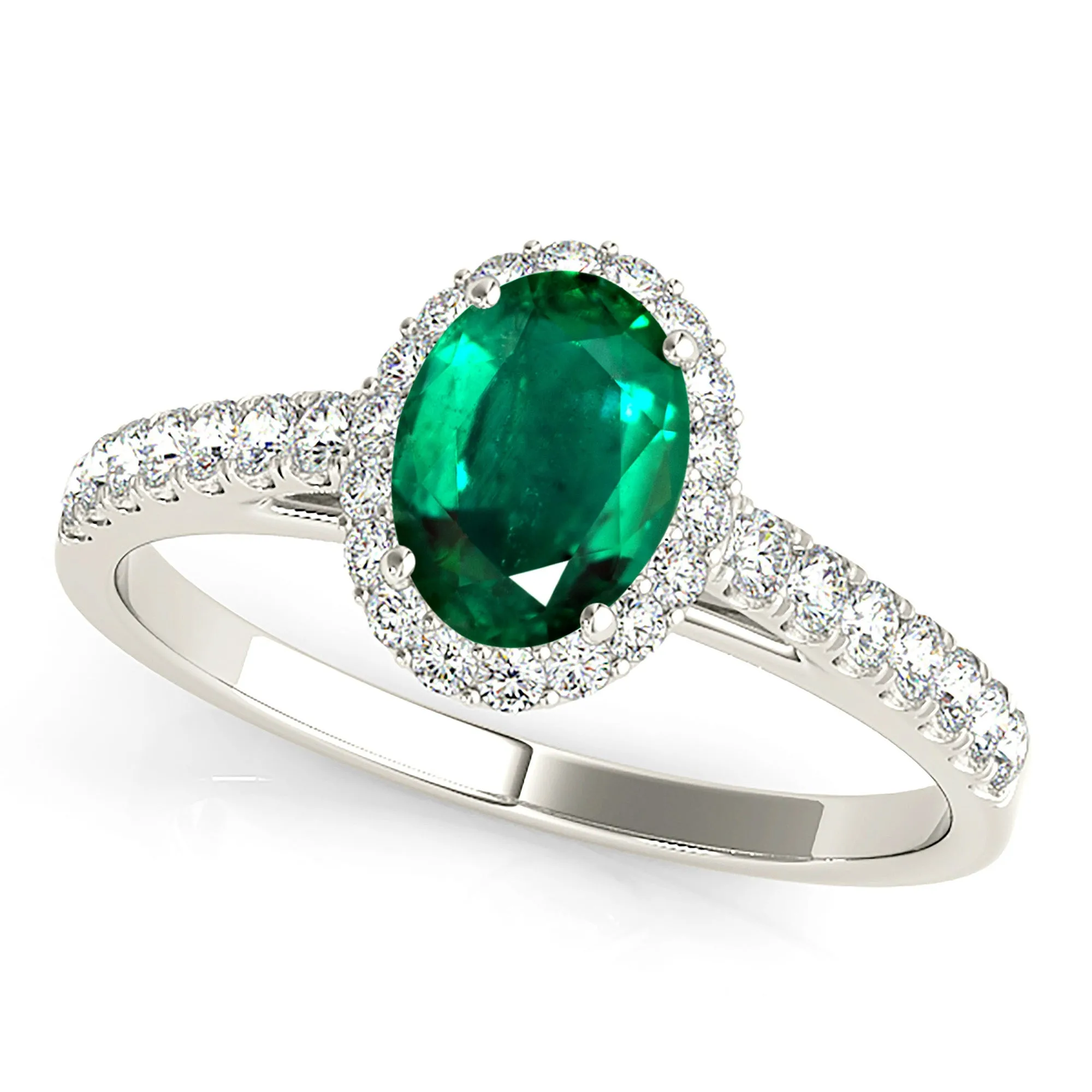 1.30 ct. Genuine Oval Emerald With Halo And Thin Diamond Band