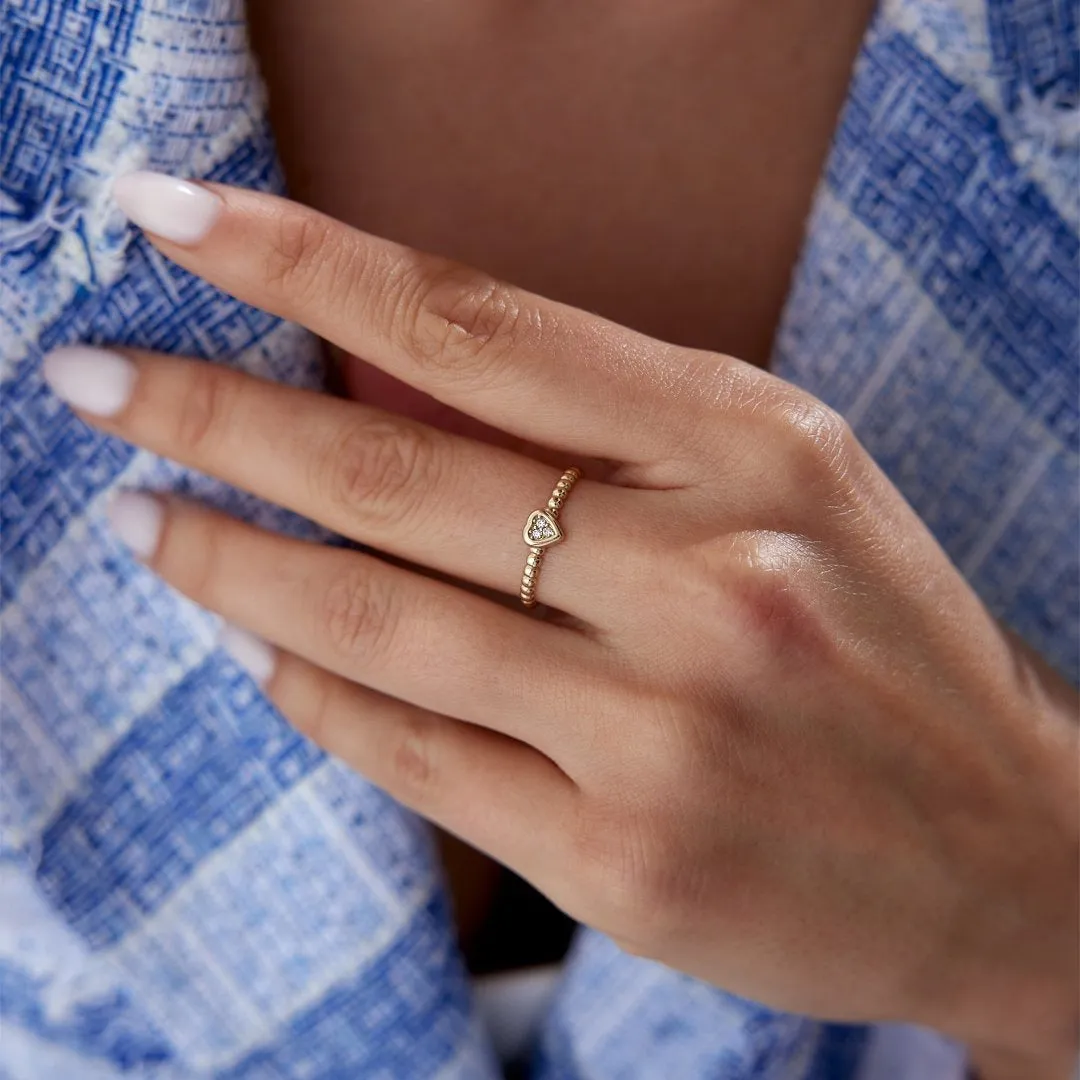 14k Gold Ball Heart Ring