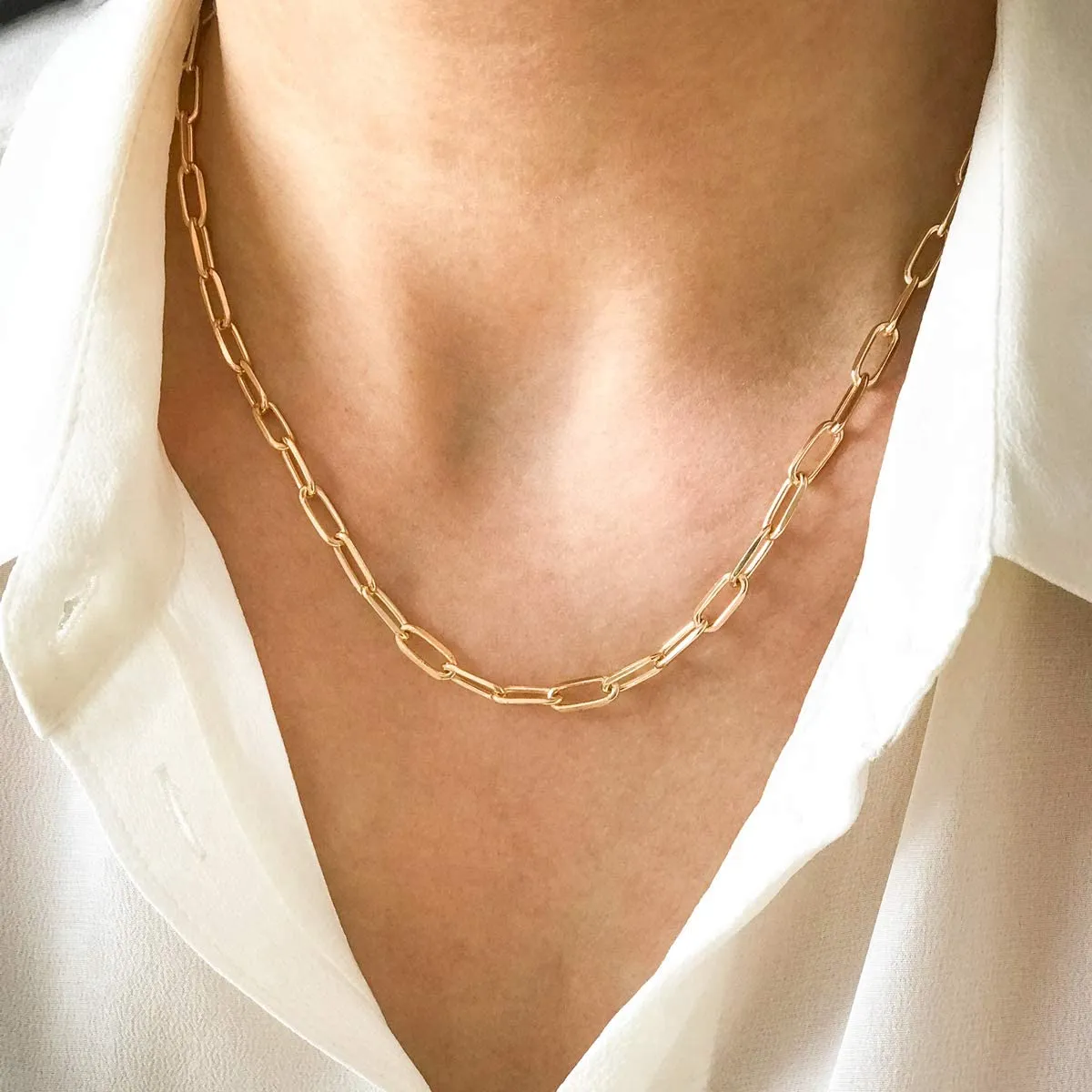 14K Gold Dainty Paperclip Link Chain Necklace for Women Girls