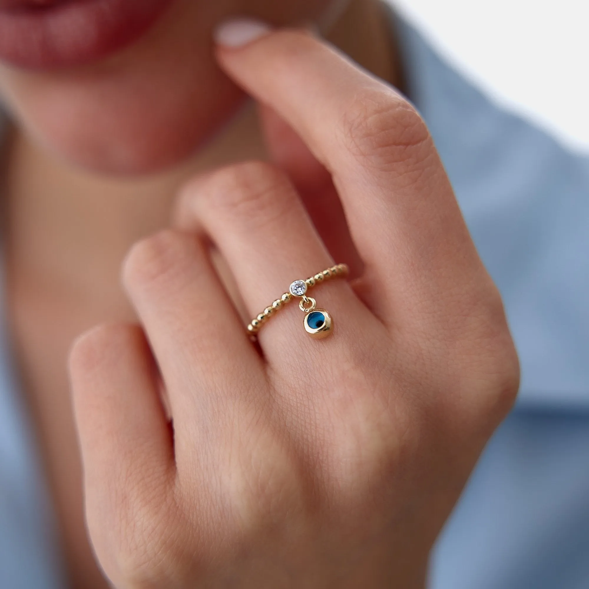 14k Gold Dangle Evil Eye Ring