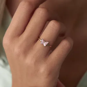 14k Gold Pink Enamel Butterfly Ring