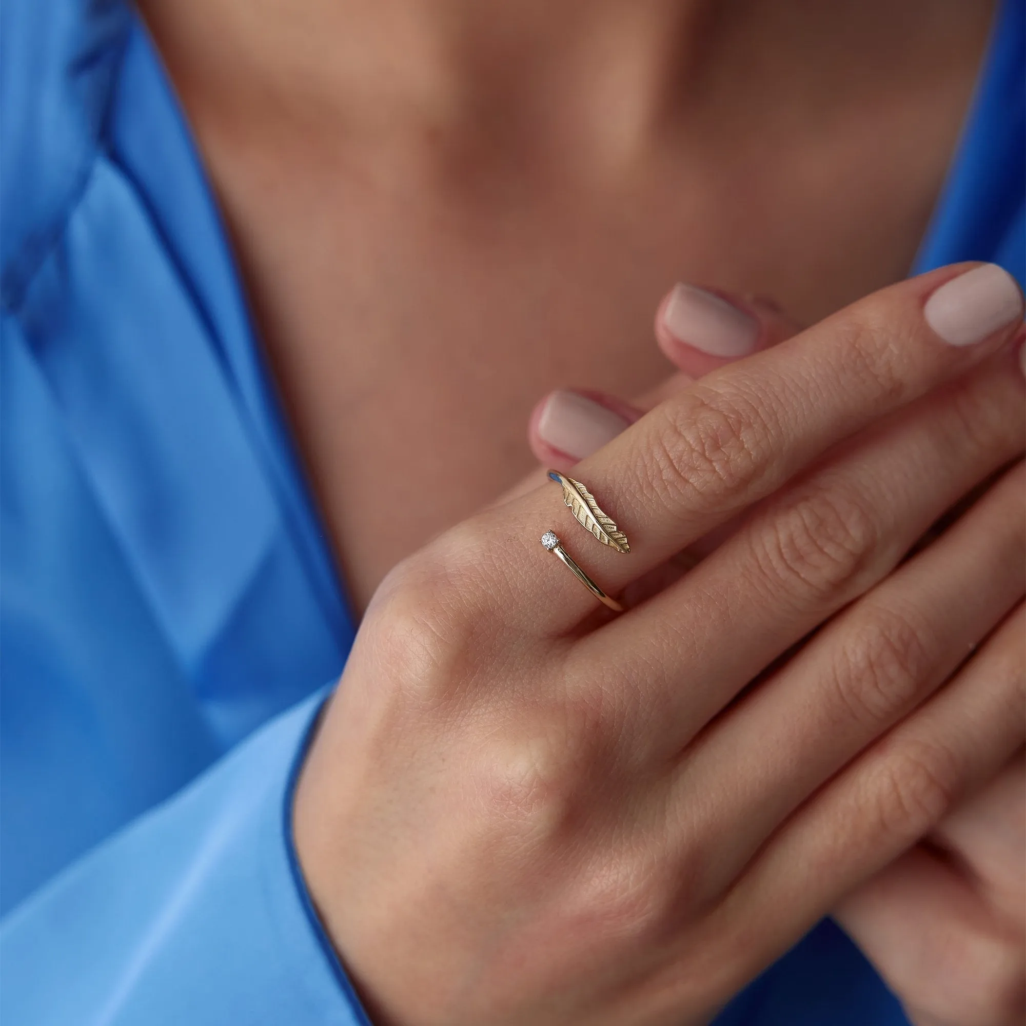 14k Gold Solitaire Leaf Tip Ring