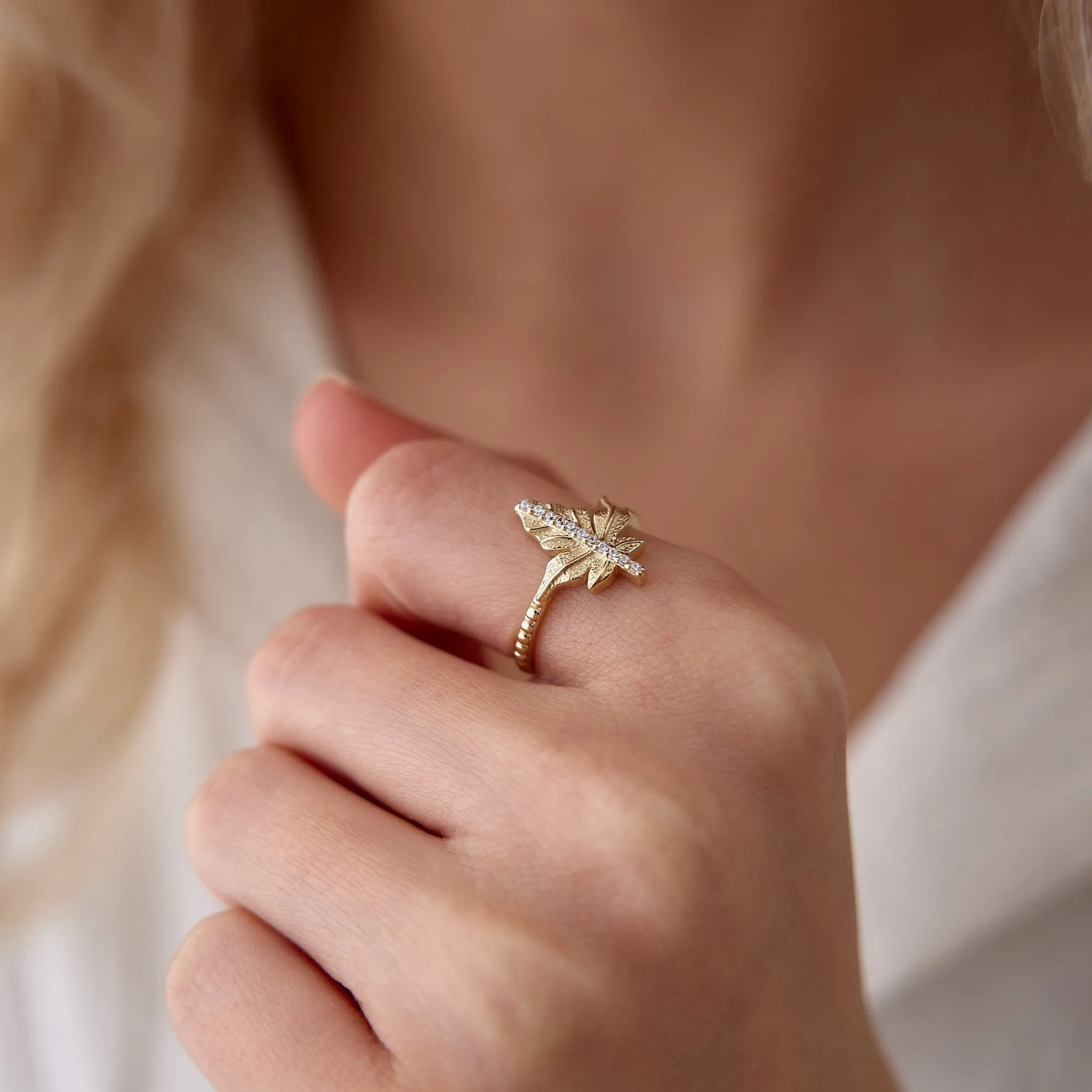 14k Gold Stone Plane Leaf Ring