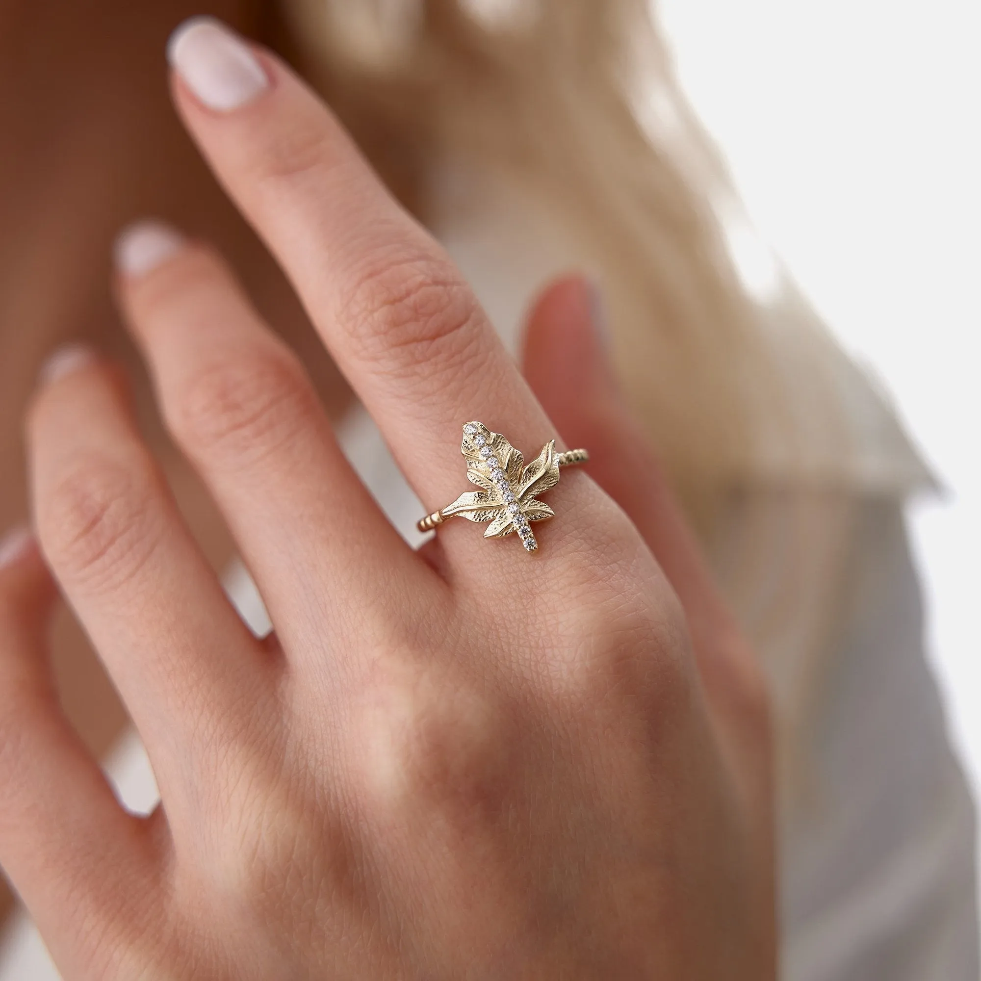 14k Gold Stone Plane Leaf Ring