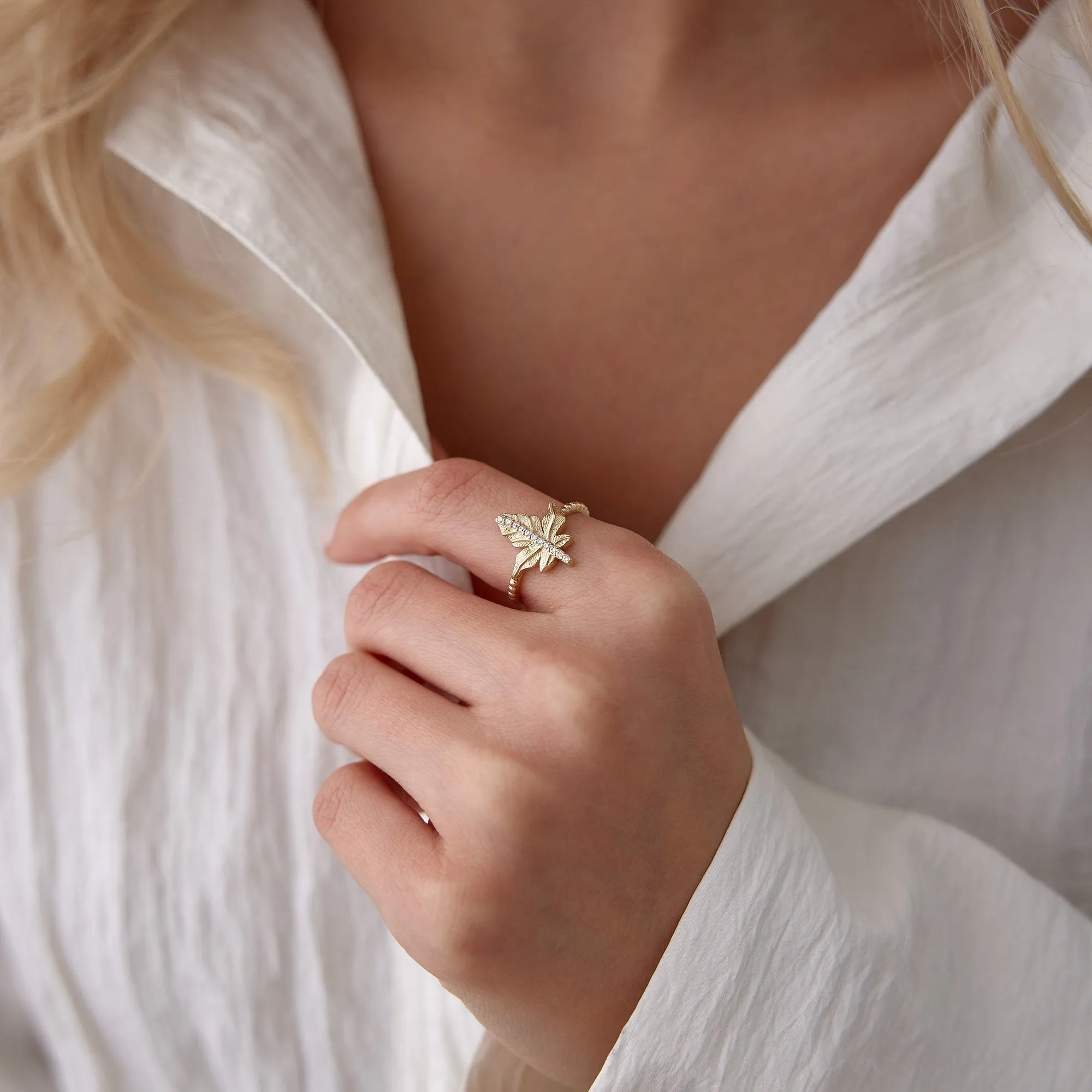 14k Gold Stone Plane Leaf Ring