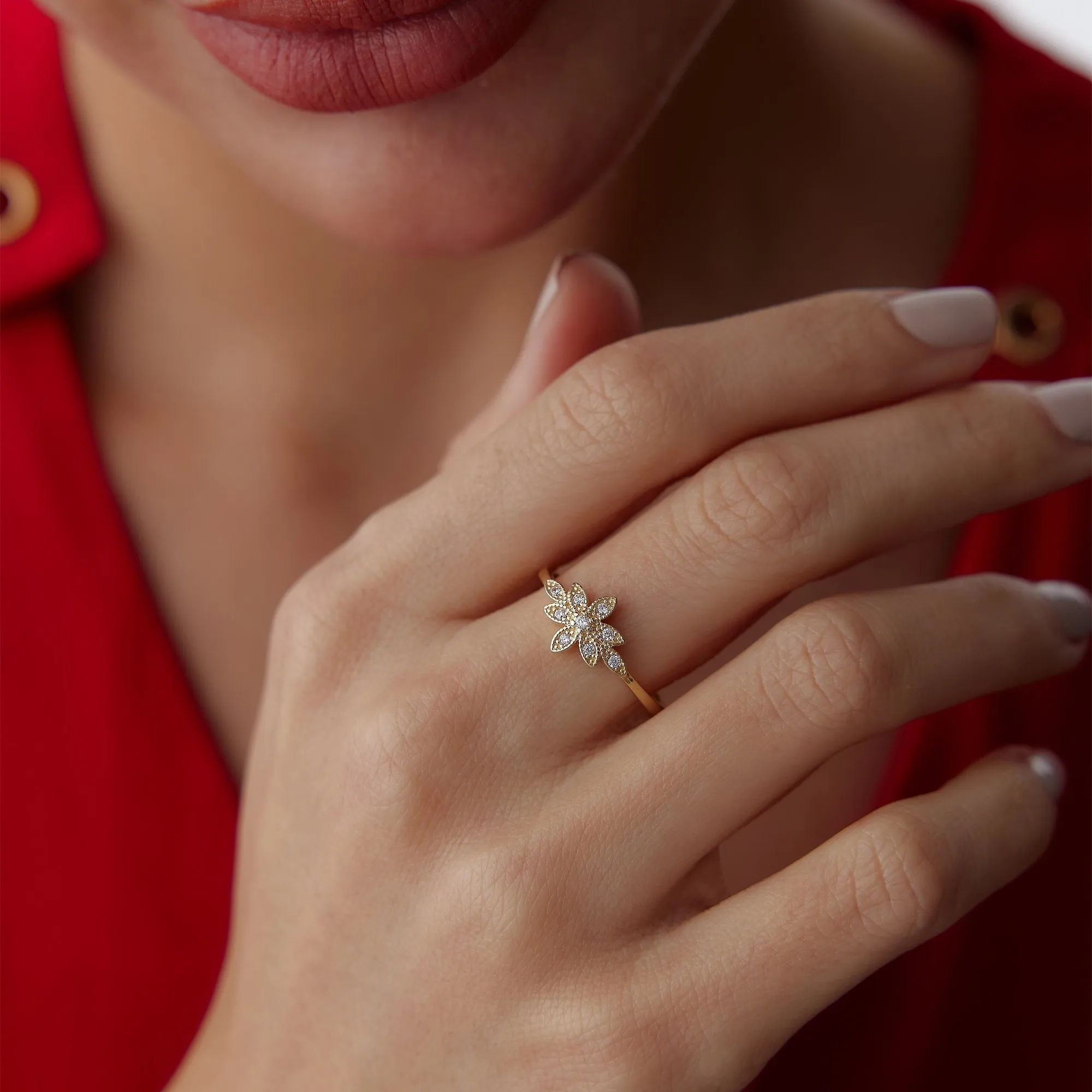 14k Gold Stoned Lotus Ring