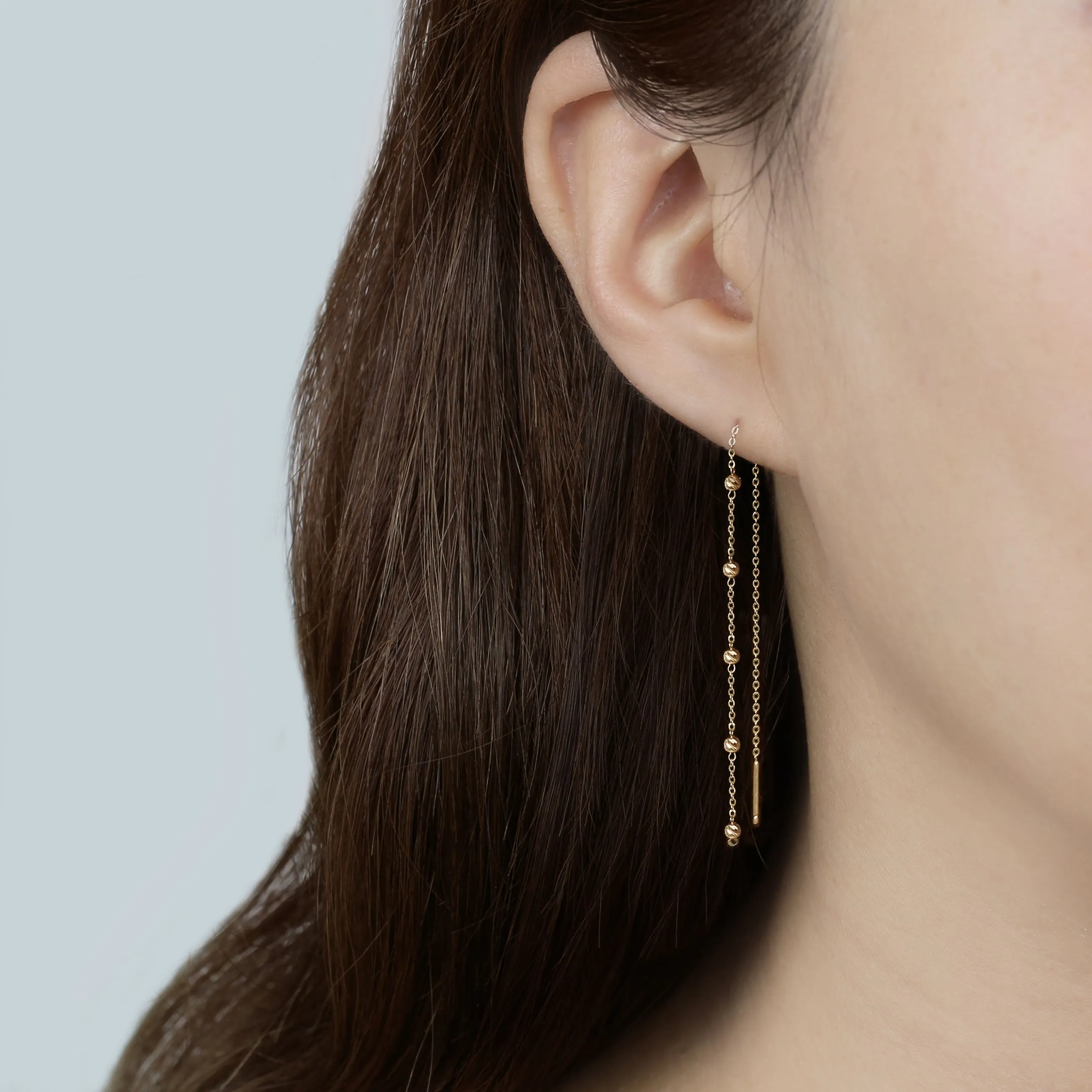 14k Solid Gold Ball Long Threader Earring
