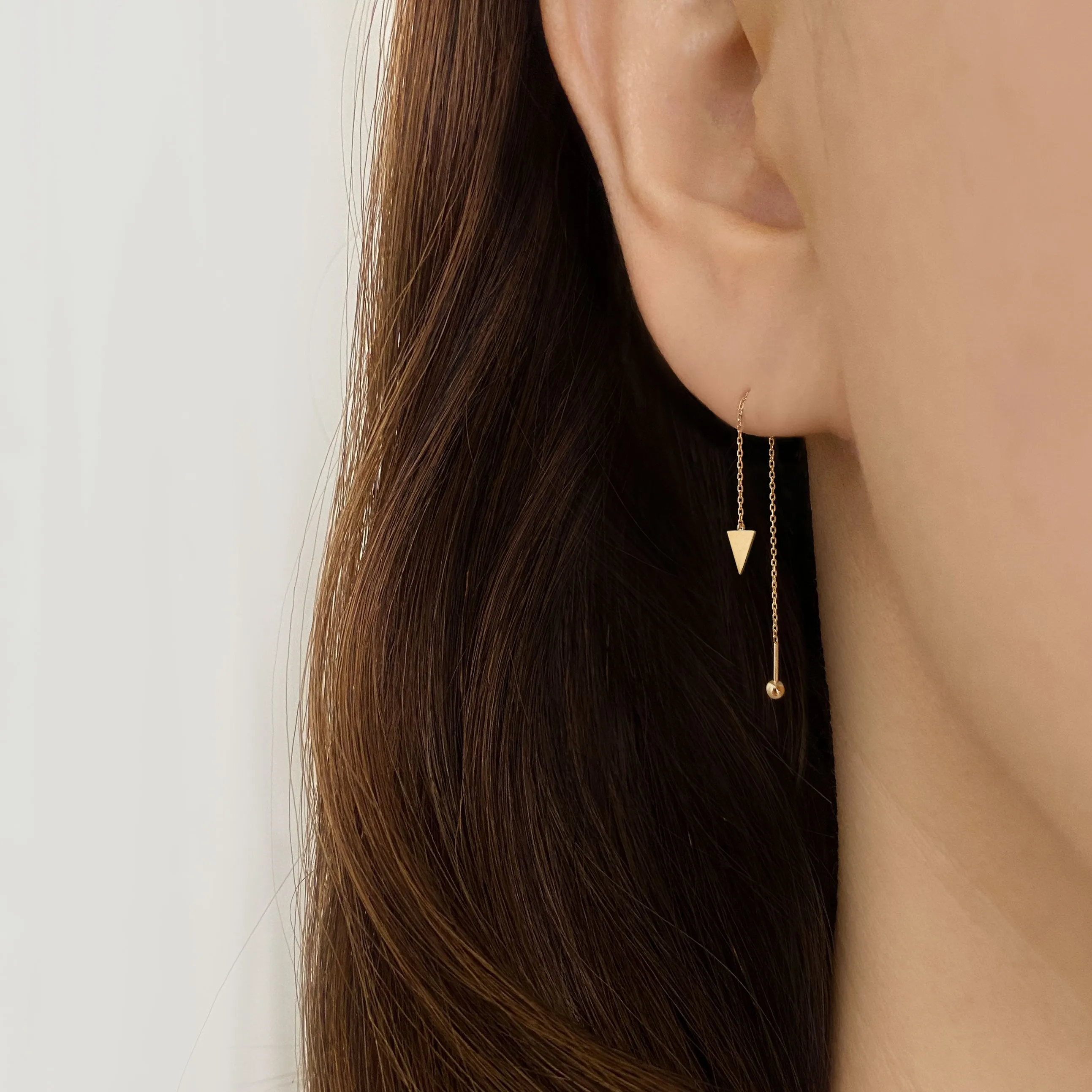 14k Solid Gold Flat Triangle Chain Screw Ball Earring