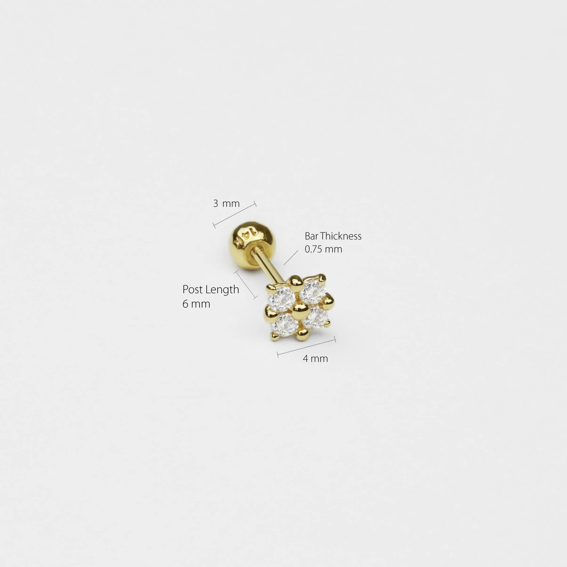 14k Solid Gold Four CZ Stud Earring