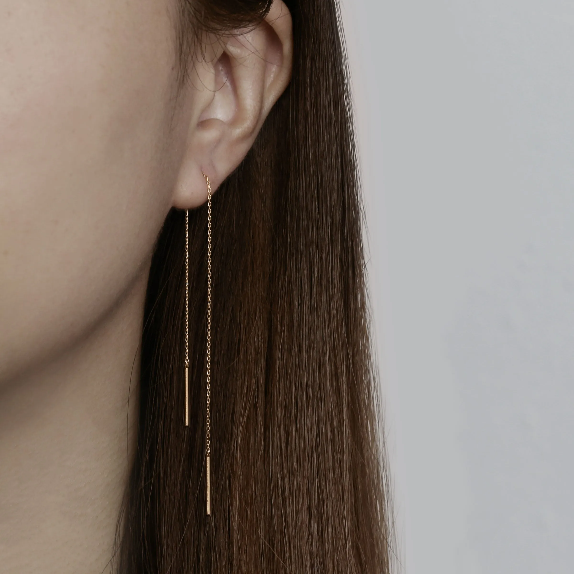 14k Solid Gold Long Chain Double Bar Earring