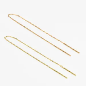 14k Solid Gold Long Chain Double Bar Earring