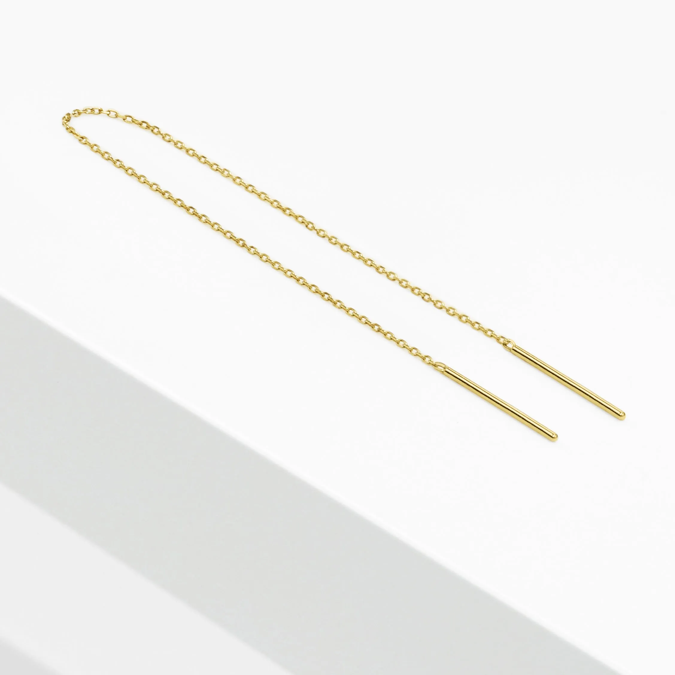 14k Solid Gold Long Chain Double Bar Earring