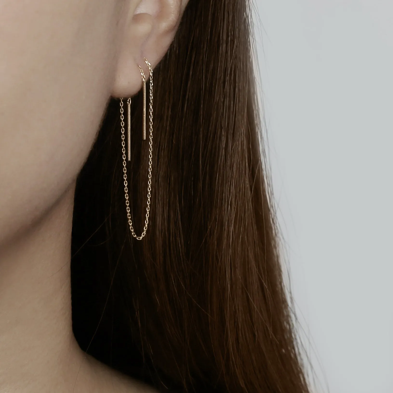 14k Solid Gold Long Chain Double Bar Earring