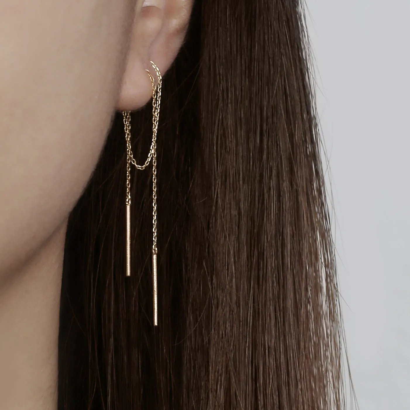 14k Solid Gold Long Chain Double Bar Earring