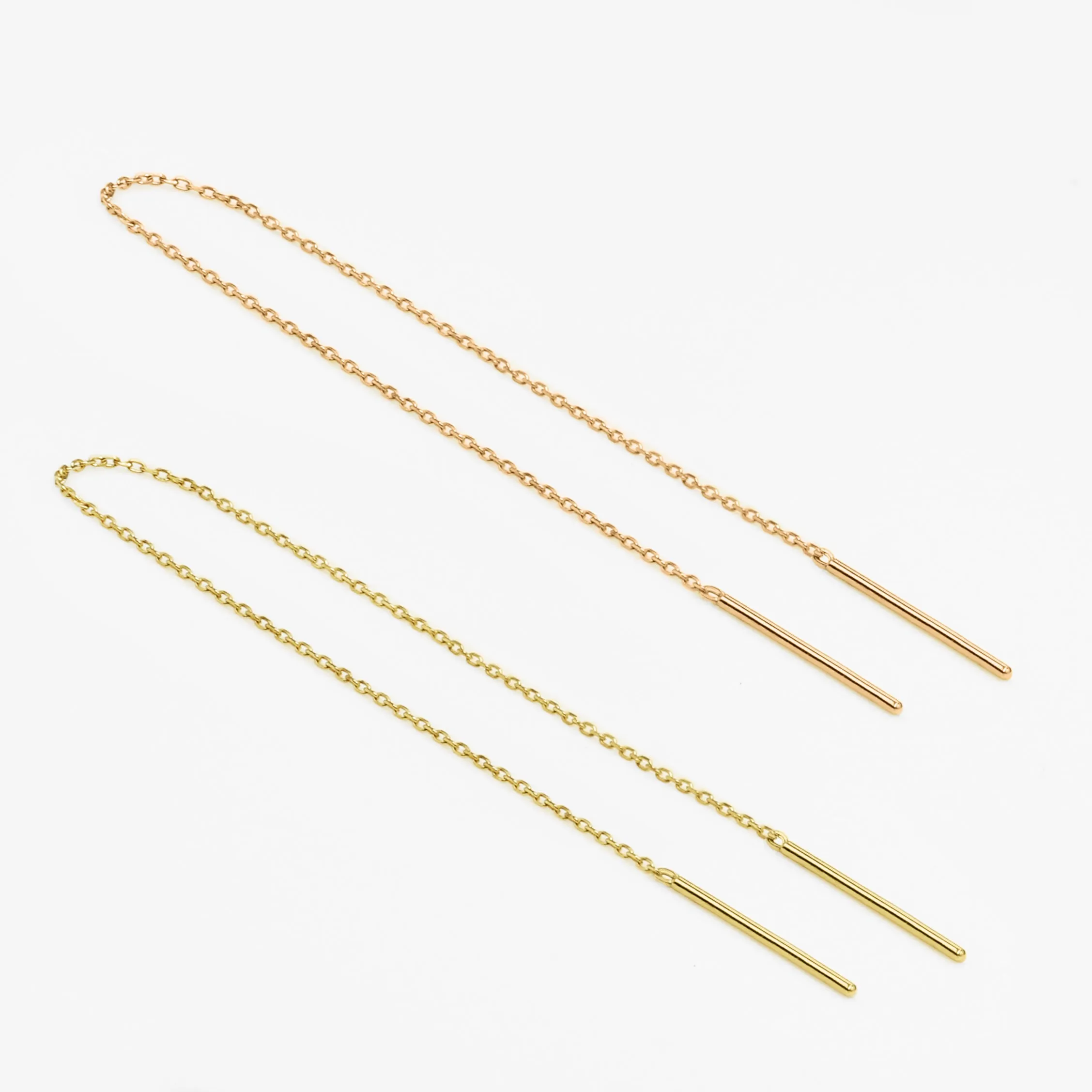 14k Solid Gold Long Chain Double Bar Earring