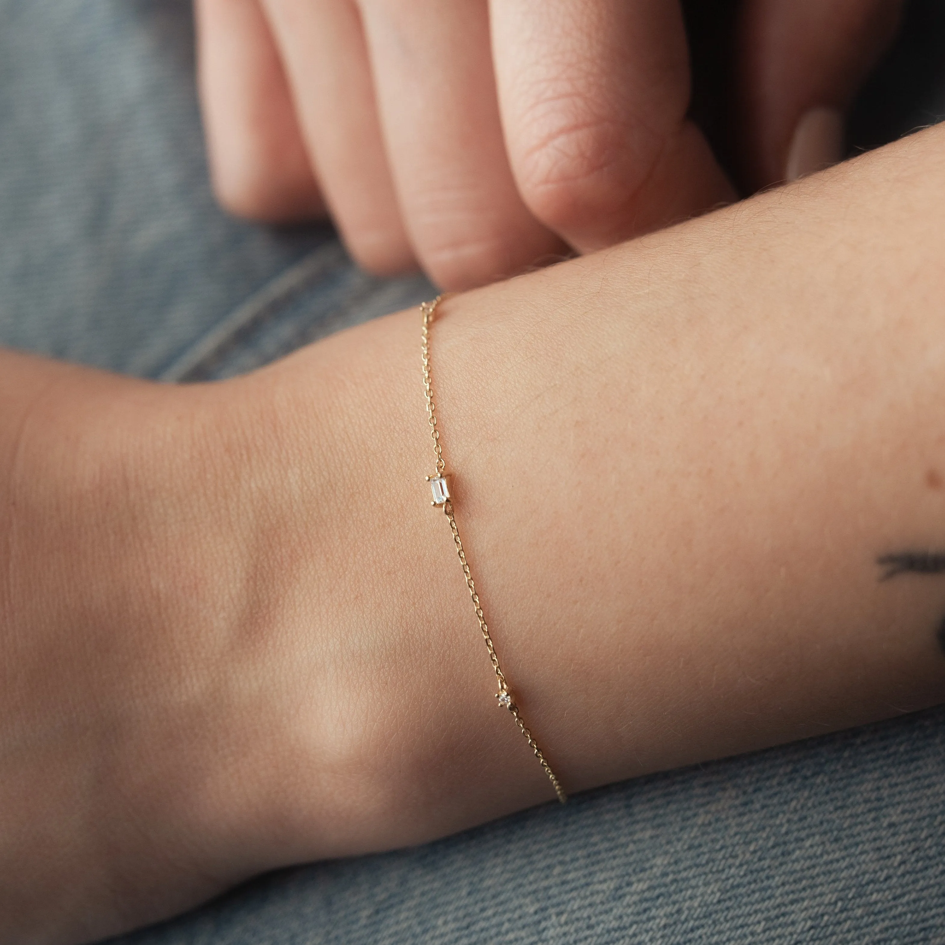 14k Solid Gold Tiny Multi-CZ & Emerald Bracelet