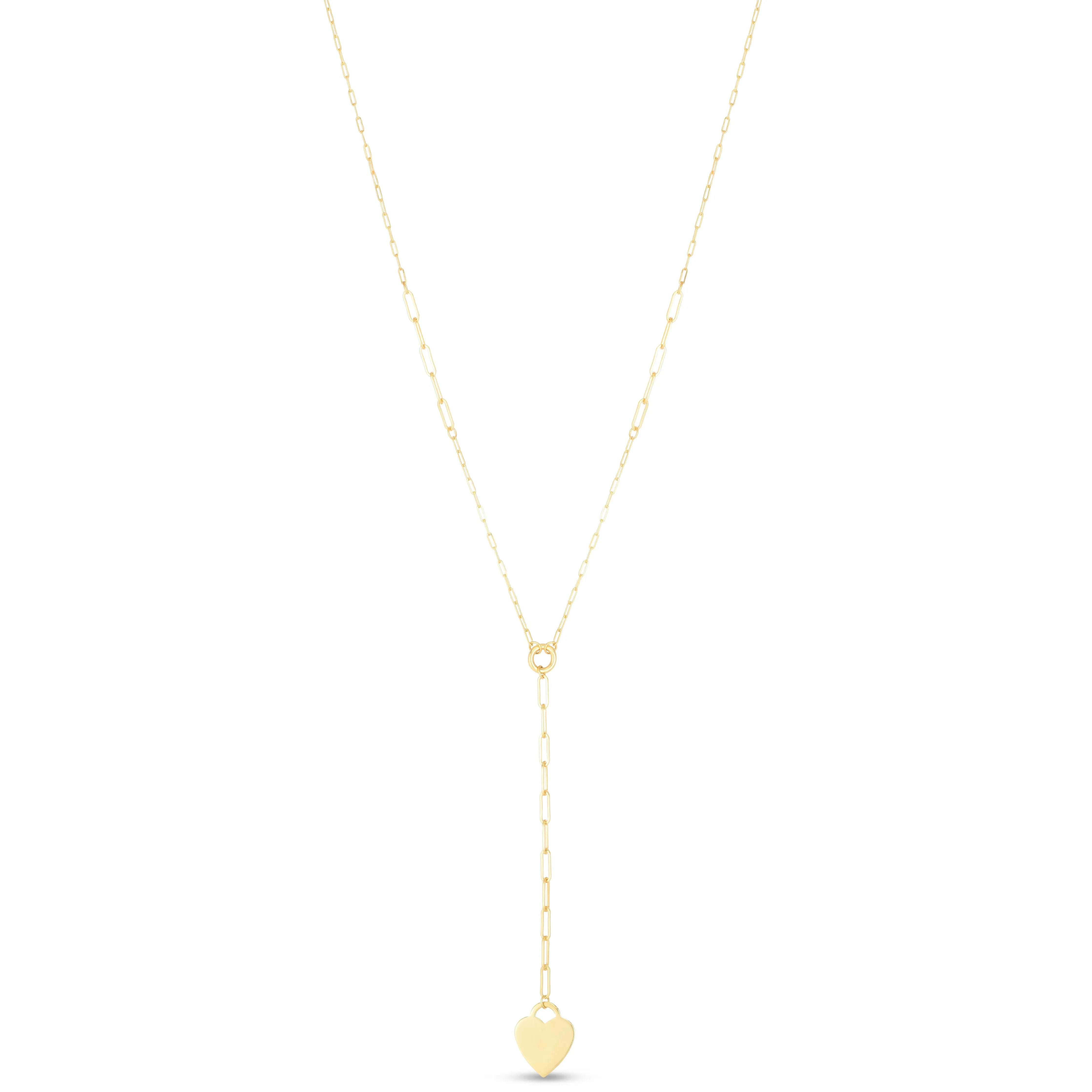 14K Yellow Gold Heart Lariat Paper Clip Necklace