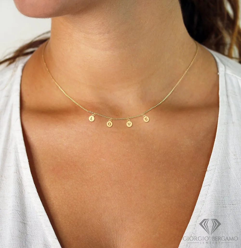 14K Yellow Gold LOVE Disc MInimalist Polished Pendant Necklace Chain