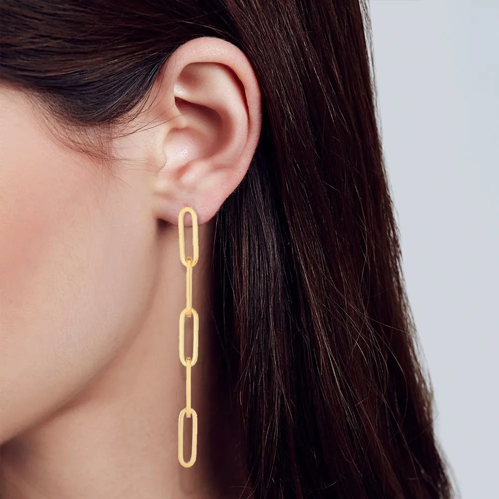 14K Yellow Gold Paper Clip High Polish Dangle Drop Earrings