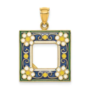 14k Yellow Gold with Enamel Hallow Open Back Polished Finish Navy Picture Frame with Flowers Charm Pendant