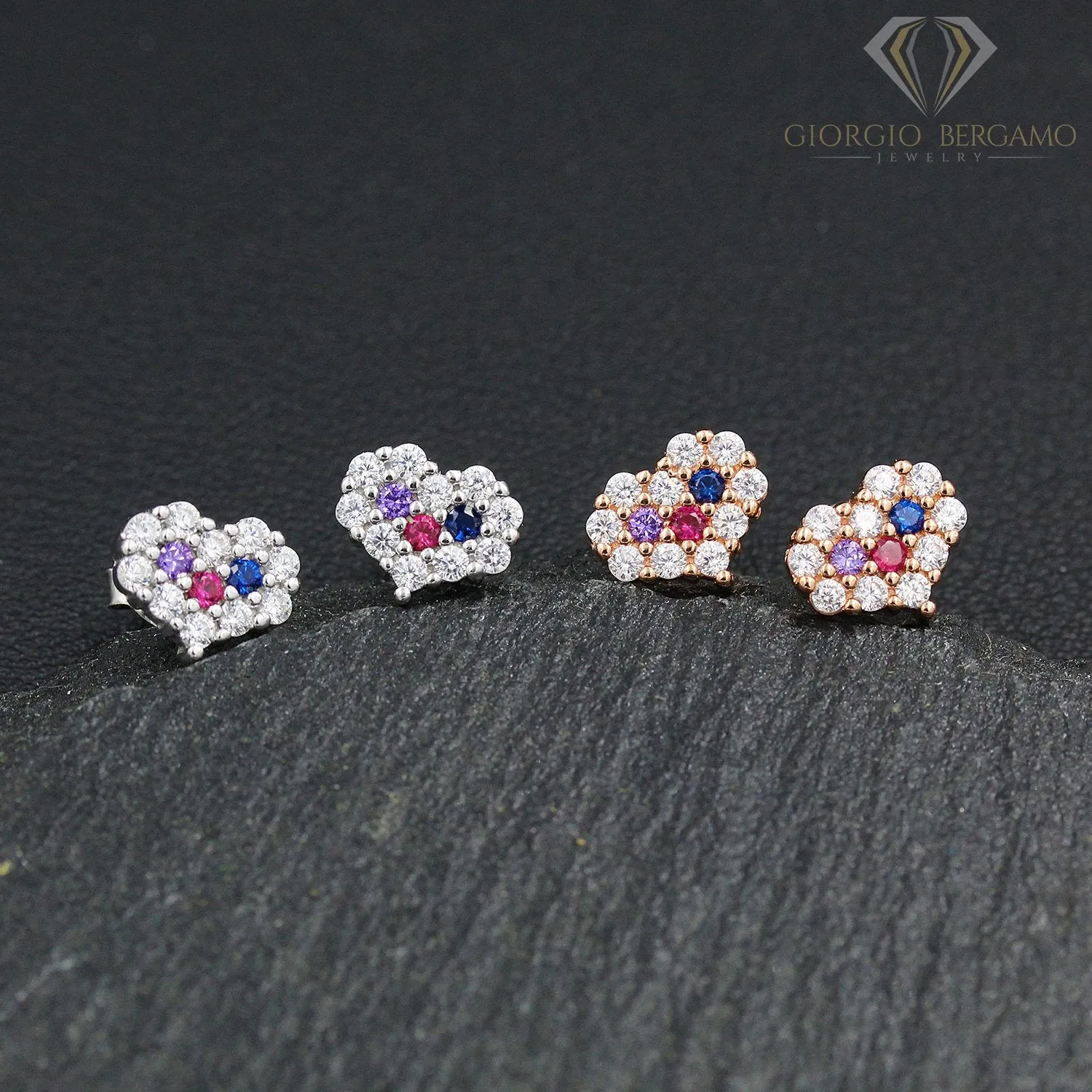925 Sterling Silver Micro Pave Minimalist Rainbow Heart Stud Earring