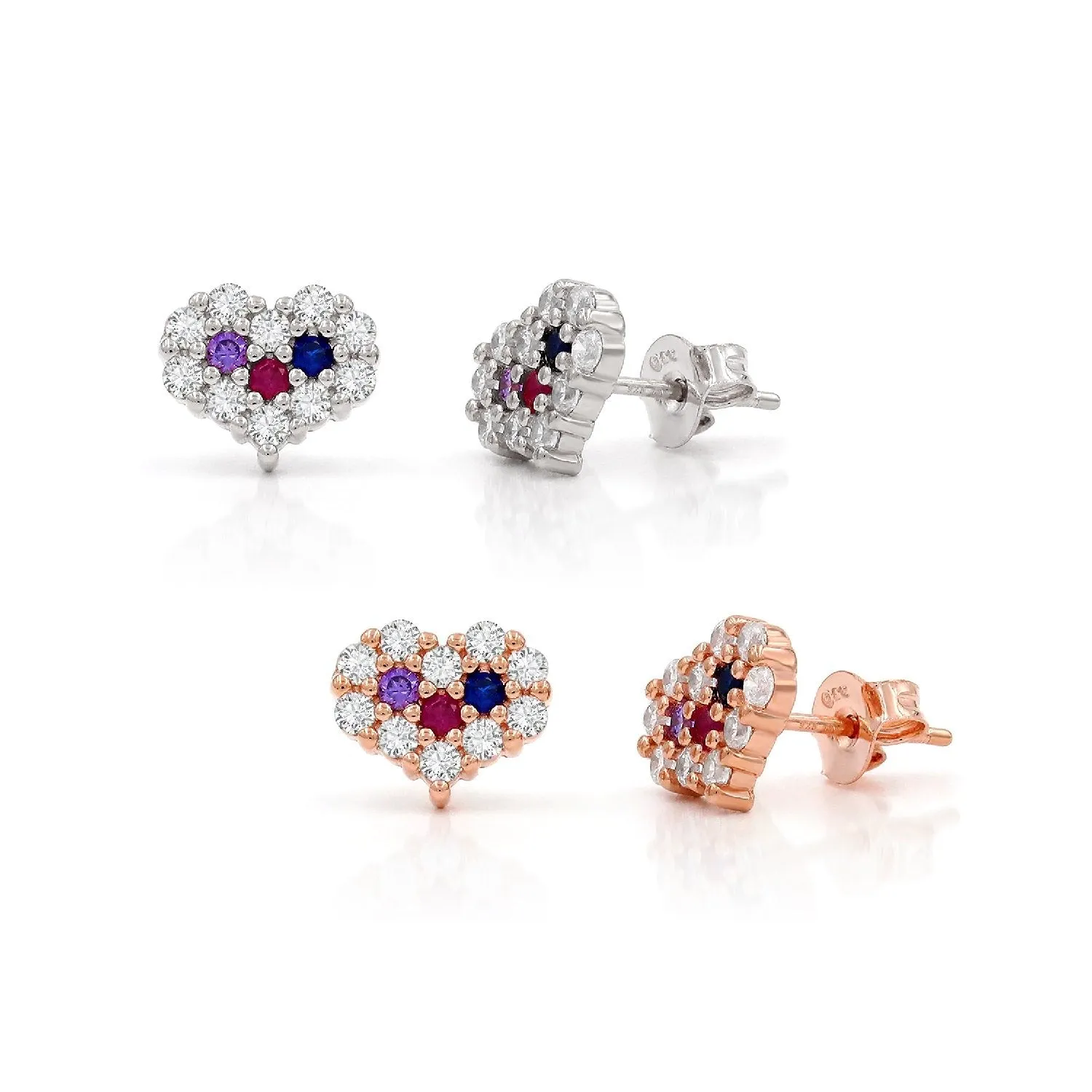 925 Sterling Silver Micro Pave Minimalist Rainbow Heart Stud Earring
