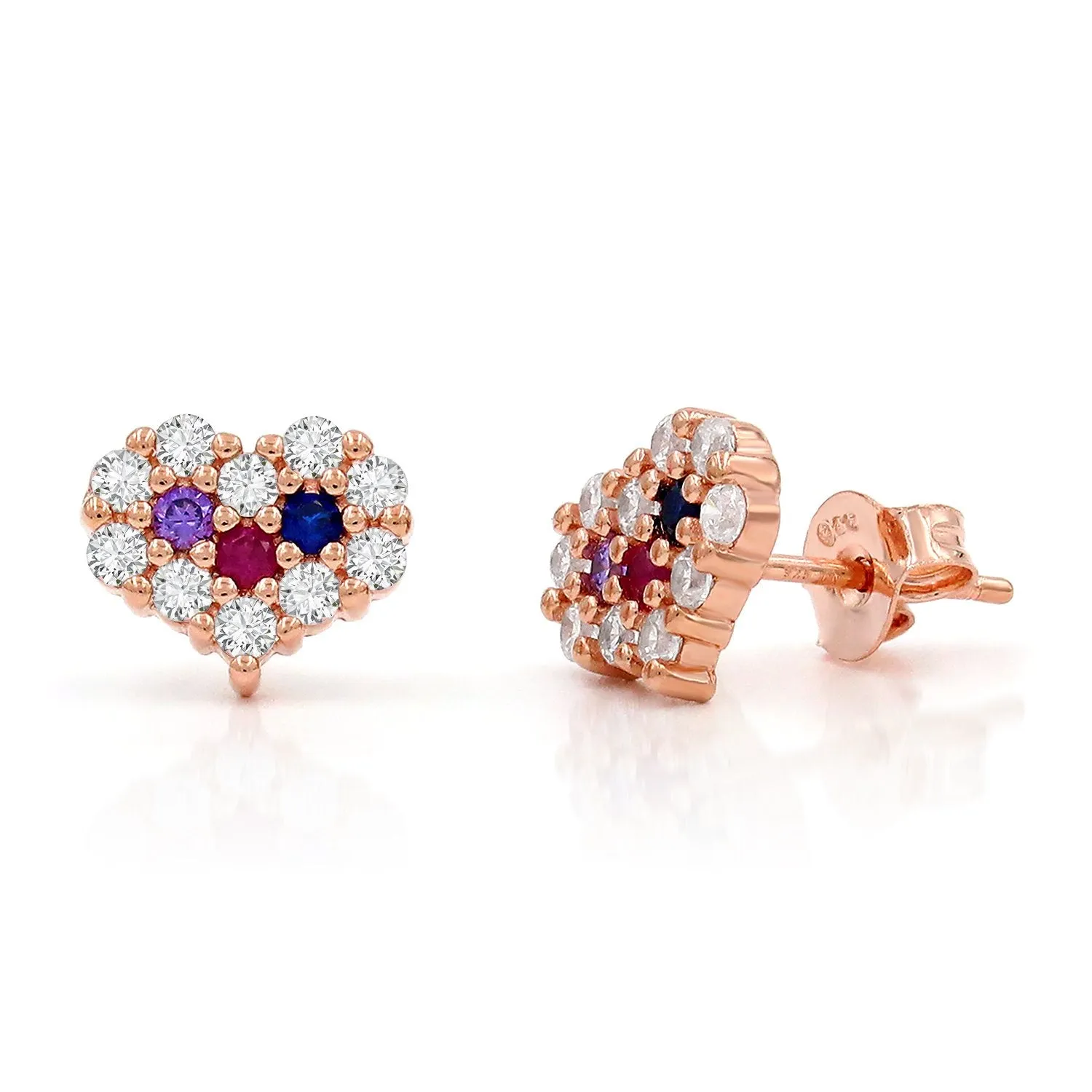 925 Sterling Silver Micro Pave Minimalist Rainbow Heart Stud Earring