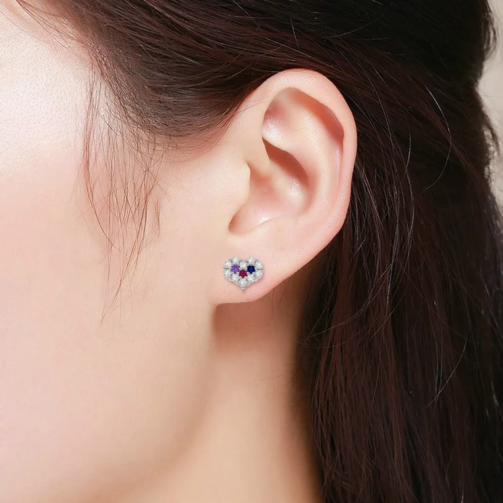 925 Sterling Silver Micro Pave Minimalist Rainbow Heart Stud Earring