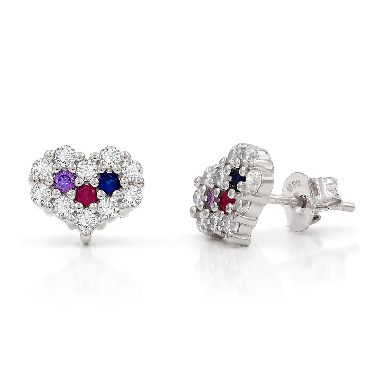 925 Sterling Silver Micro Pave Minimalist Rainbow Heart Stud Earring