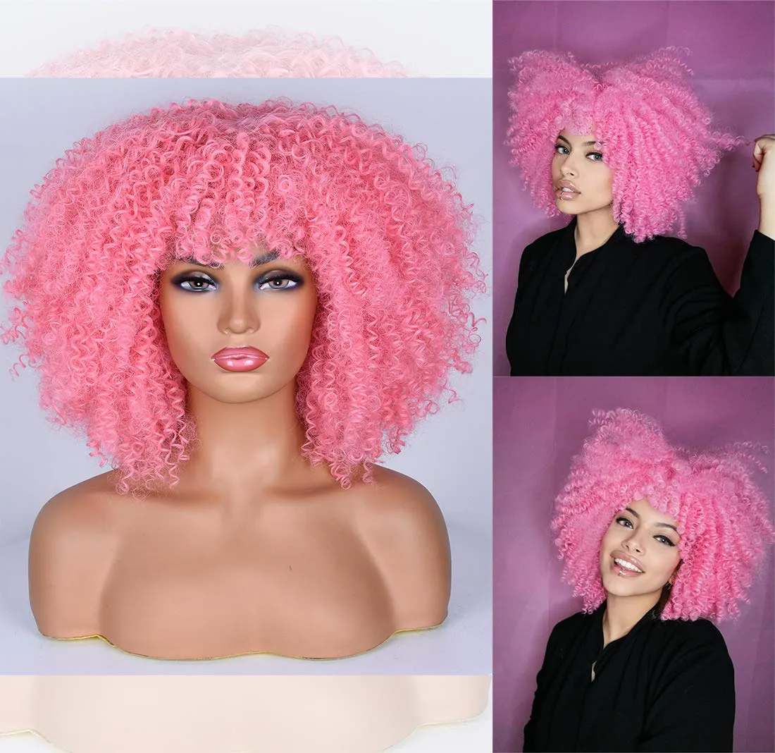 Afro Pink Short Kinky Curly  Wig For Women Dragqueen