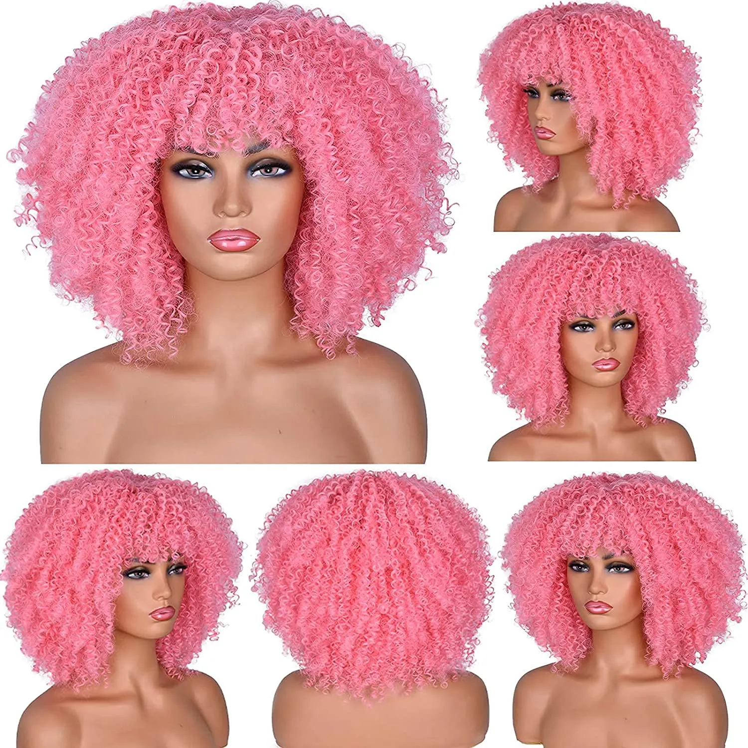 Afro Pink Short Kinky Curly  Wig For Women Dragqueen