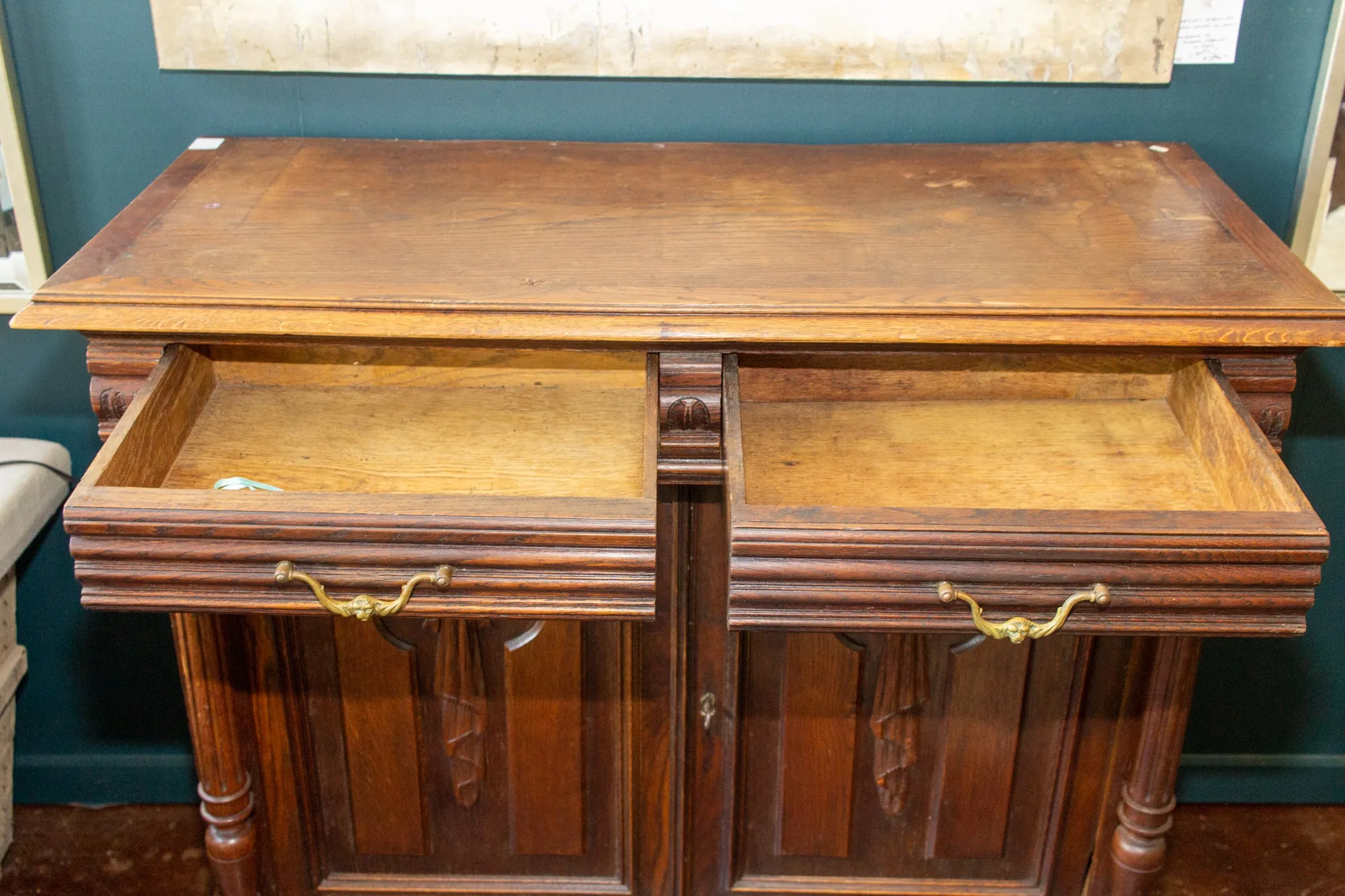 Antique French Henri II Style Oak Carved Buffet with Carved Bow Detail