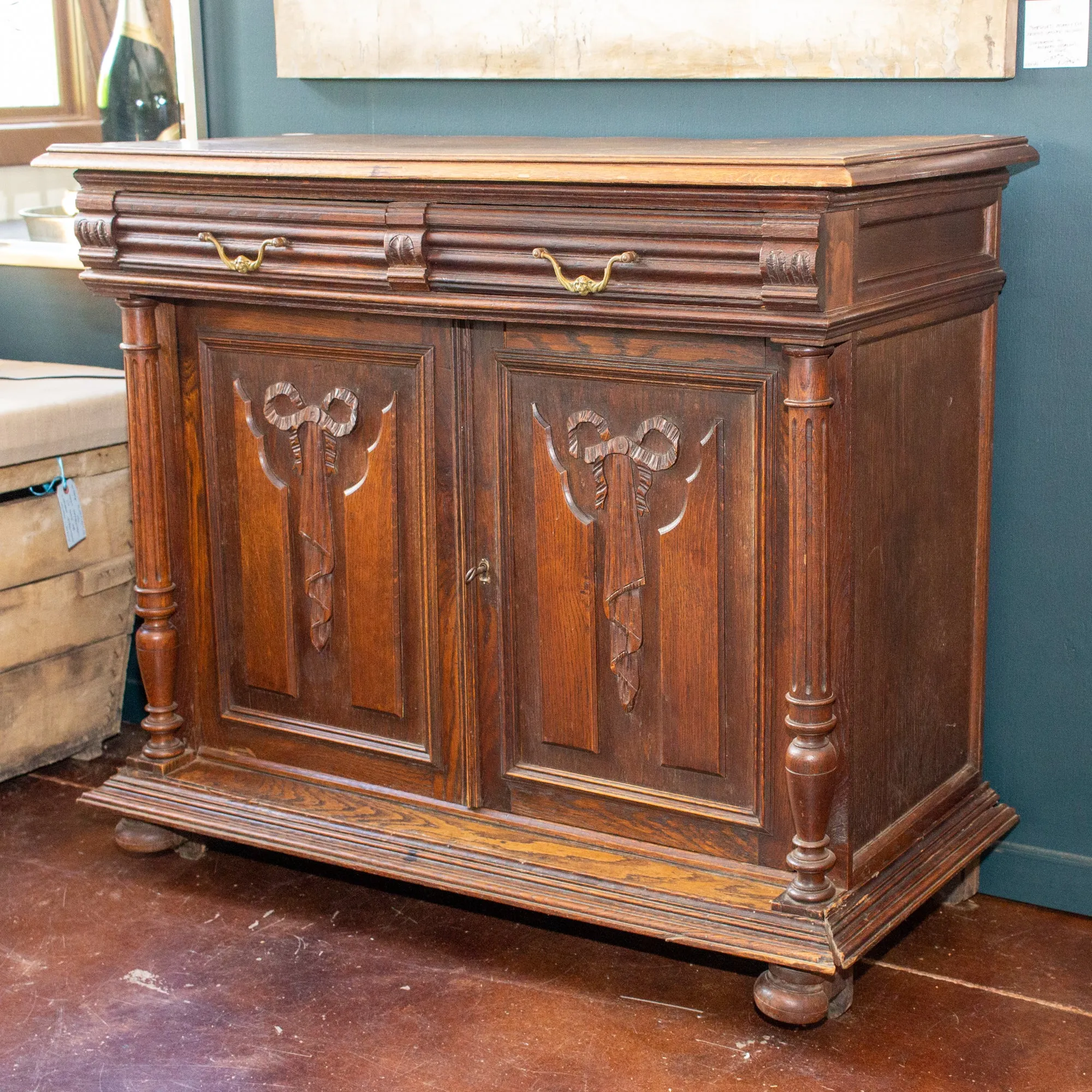 Antique French Henri II Style Oak Carved Buffet with Carved Bow Detail
