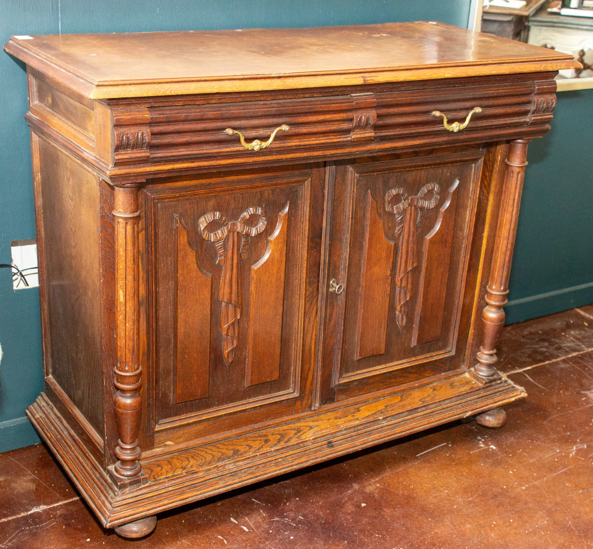 Antique French Henri II Style Oak Carved Buffet with Carved Bow Detail