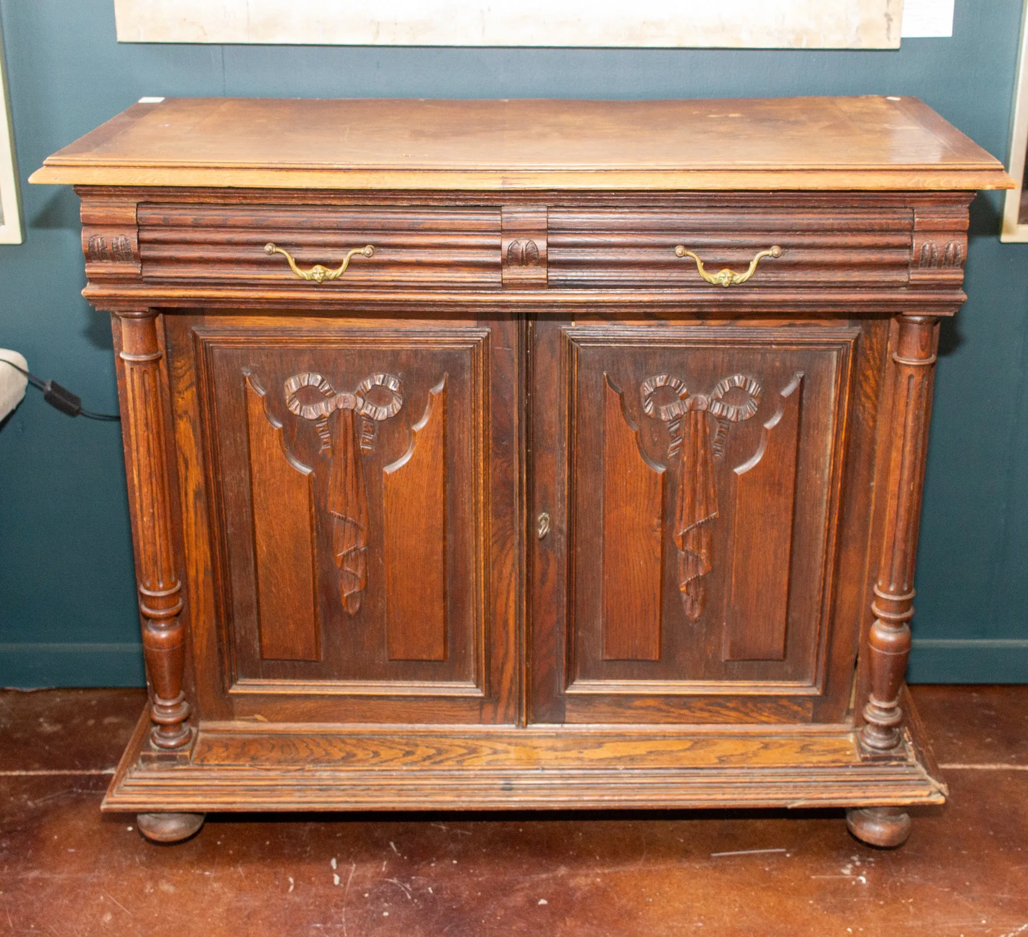 Antique French Henri II Style Oak Carved Buffet with Carved Bow Detail