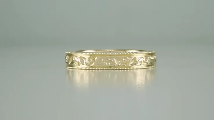 Art Deco Carved Flowers and Leaves Millgrain Edged Vintage Style Yellow Gold Wedding Band - 4mm