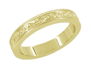 Art Deco Carved Flowers and Leaves Millgrain Edged Vintage Style Yellow Gold Wedding Band - 4mm