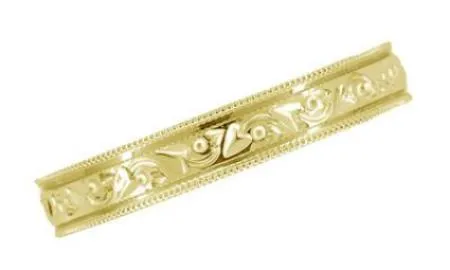 Art Deco Carved Flowers and Leaves Millgrain Edged Vintage Style Yellow Gold Wedding Band - 4mm