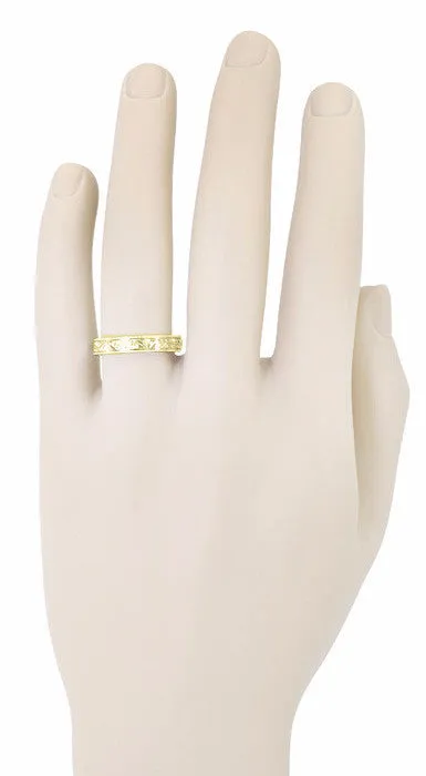 Art Deco Carved Flowers and Leaves Millgrain Edged Vintage Style Yellow Gold Wedding Band - 4mm