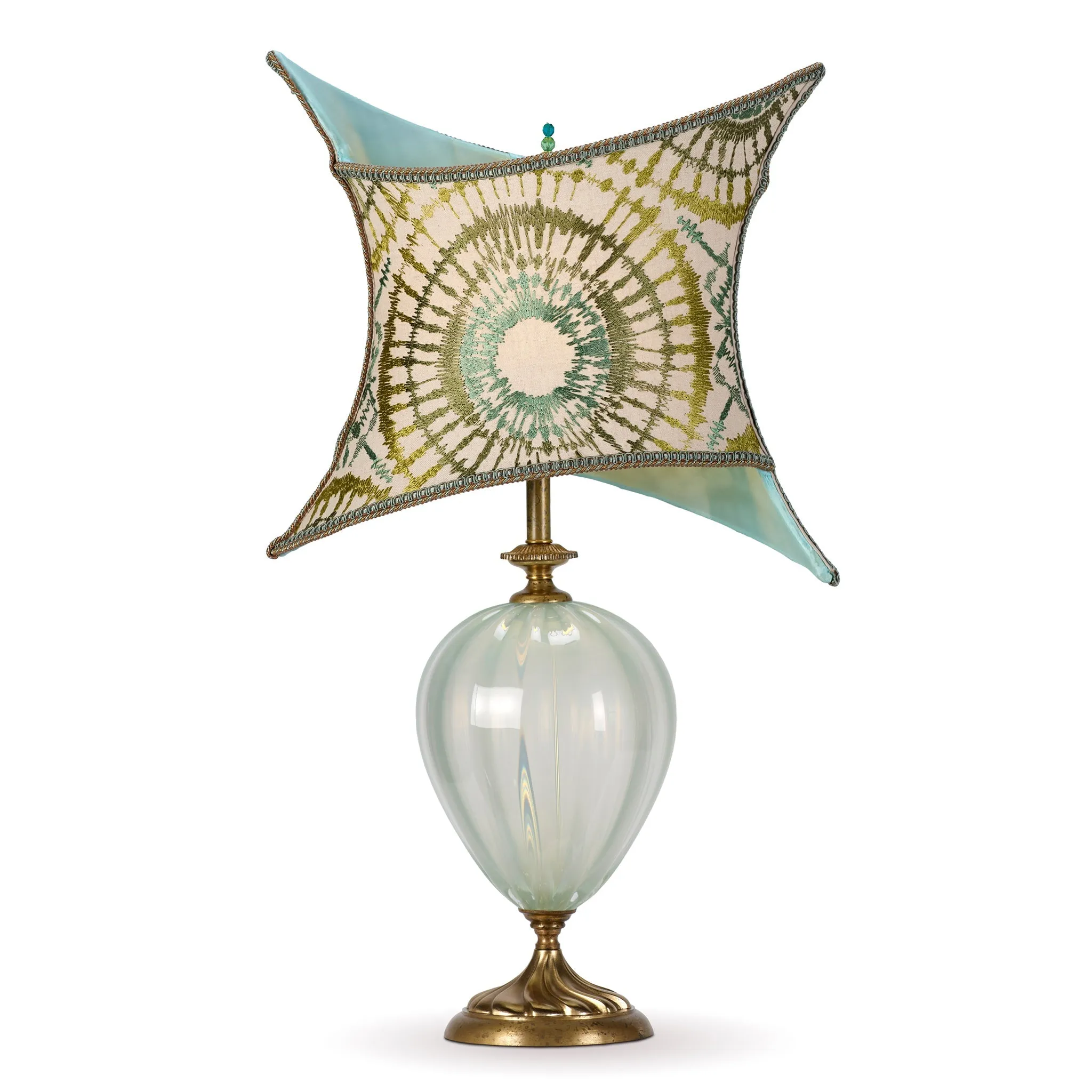 Astra in Blue Table Lamp 252Y187 Colors Aqua and Green Blown Glass Base with Embroidered Envelope Shade by Kinzig Design