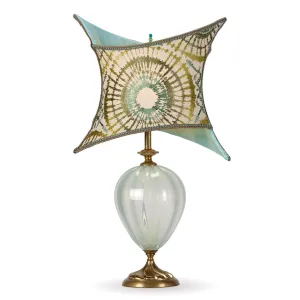 Astra in Blue Table Lamp 252Y187 Colors Aqua and Green Blown Glass Base with Embroidered Envelope Shade by Kinzig Design
