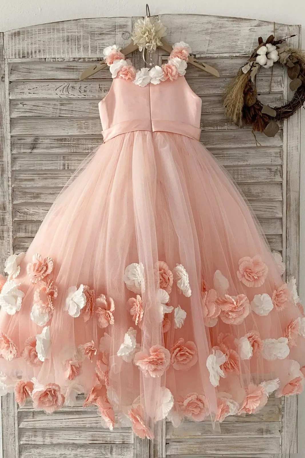 Ball Gown Blush 3D Flowers Tulle Wedding Flower Girl Dress Kids Party Dress
