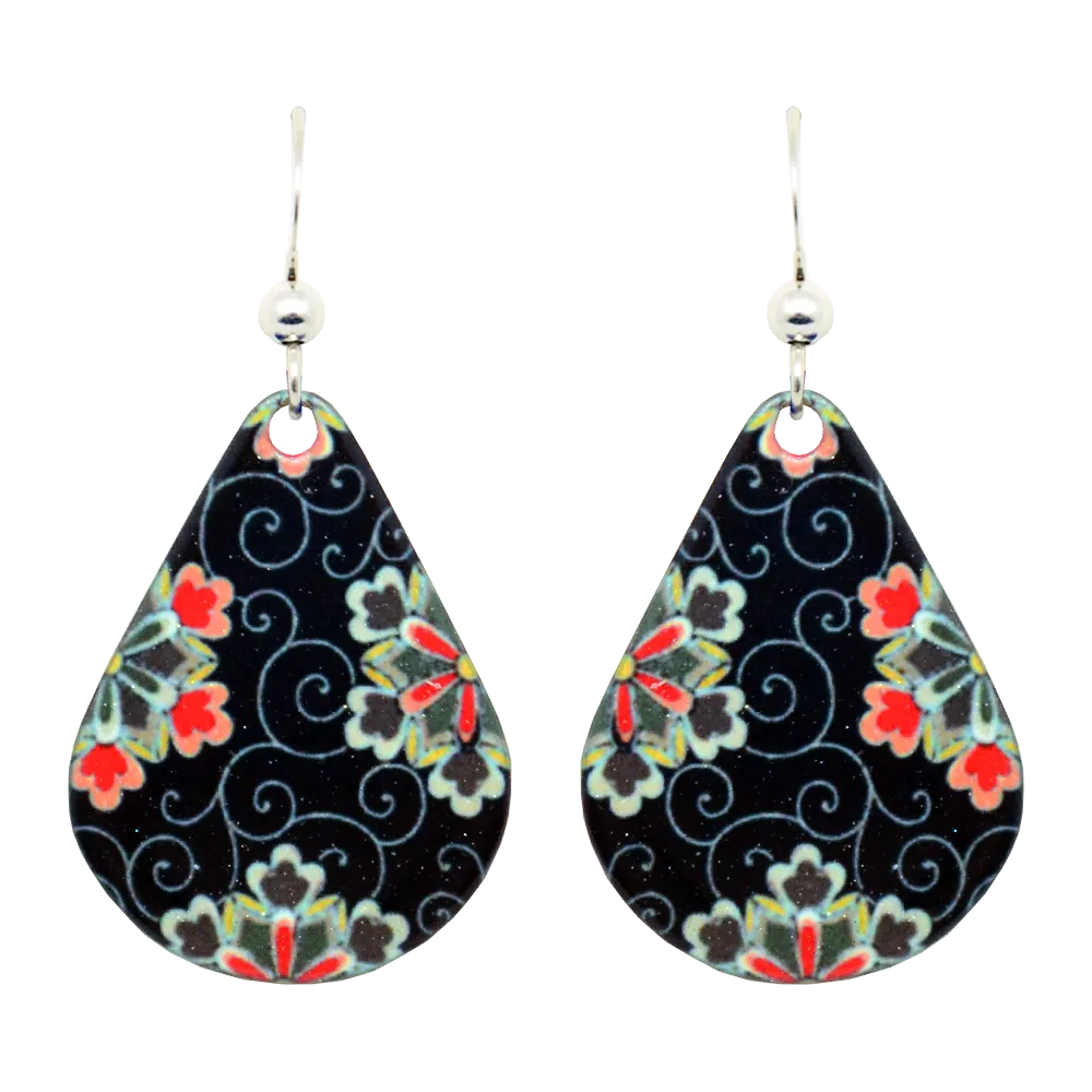 Black Tile Floral Earrings, Sterling Silver Earwires, Item# 1142